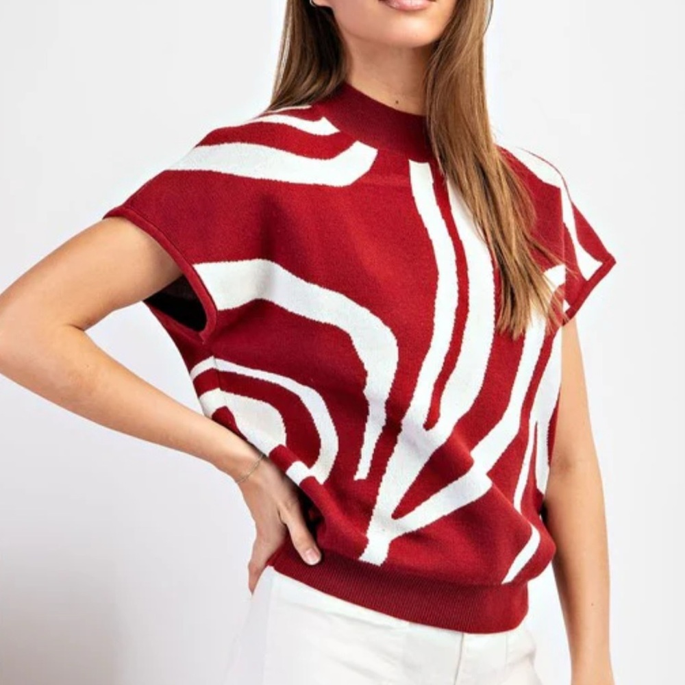 Red and White Zebra Print Sweater top L NWT